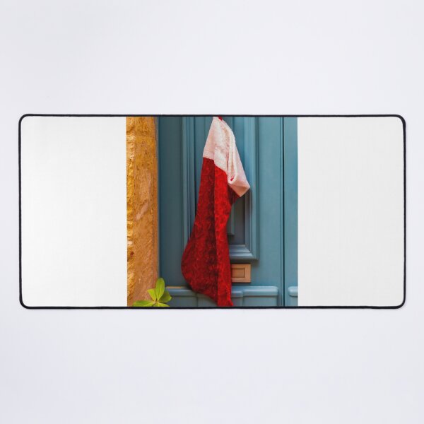 Item preview, Red Christmas Stocking Hanging On Blue Door Knob At Stone Entrance, Festive Holiday Decoration designed and sold by Nmallia.