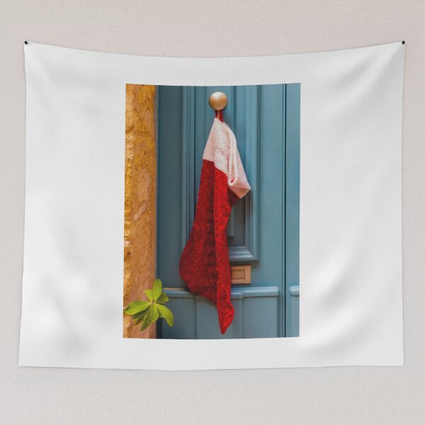 Item preview, Red Christmas Stocking Hanging On Blue Door Knob At Stone Entrance, Festive Holiday Decoration designed and sold by Nmallia.