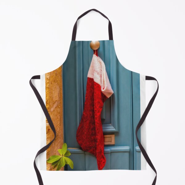 Item preview, Red Christmas Stocking Hanging On Blue Door Knob At Stone Entrance, Festive Holiday Decoration designed and sold by Nmallia.