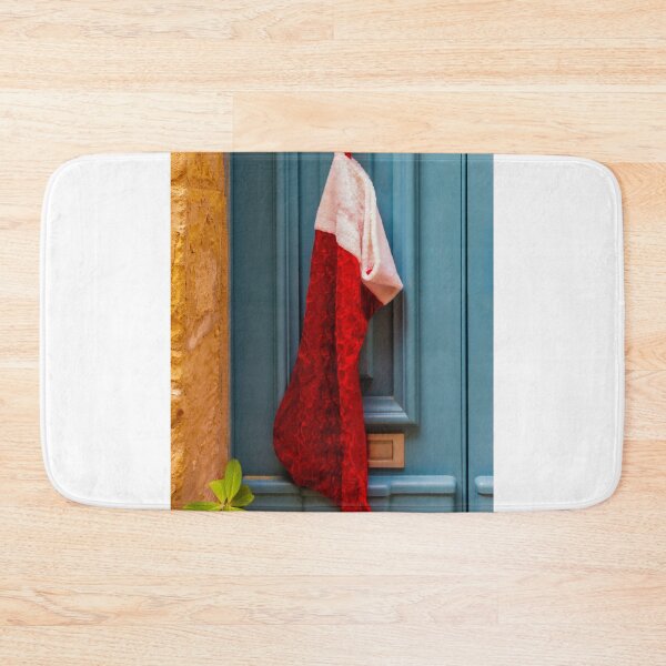Item preview, Red Christmas Stocking Hanging On Blue Door Knob At Stone Entrance, Festive Holiday Decoration designed and sold by Nmallia.