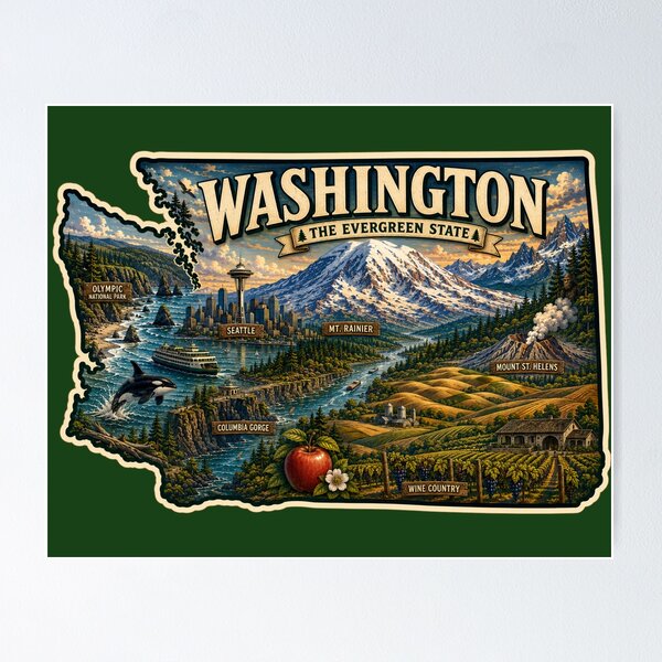 Item preview, Washington State Vintage Illustrated Sticker | The Evergreen State Travel Decal | Pacific Northwest Souvenir | Scenic Washington Art designed and sold by Swanny's Custom T-shirt and Gift Designs.