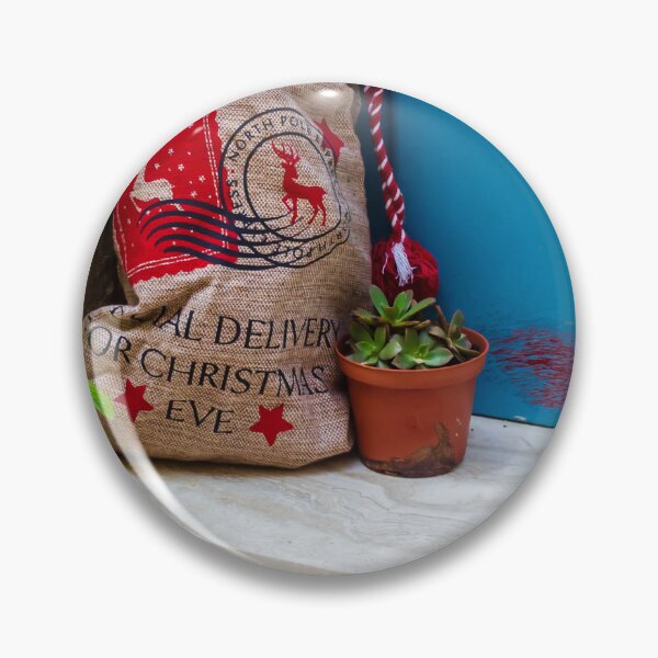 Item preview, Christmas Gift Sack and Potted Succulent At A Blue Doorstep With Rustic Burlap Bag designed and sold by Nmallia.