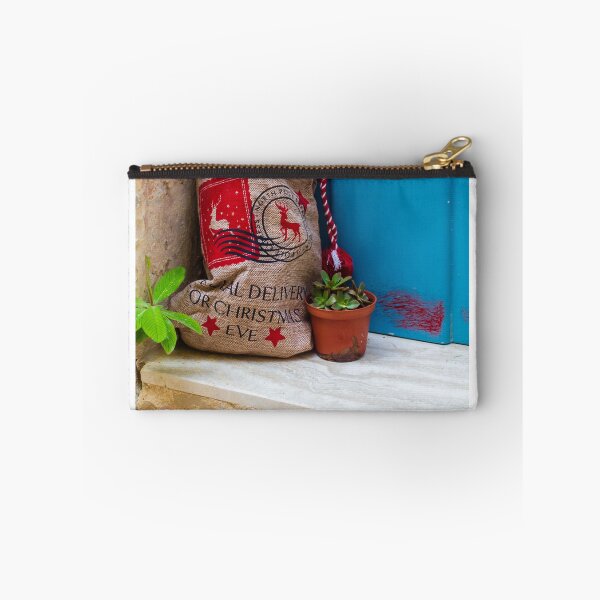 Item preview, Christmas Gift Sack and Potted Succulent At A Blue Doorstep With Rustic Burlap Bag designed and sold by Nmallia.