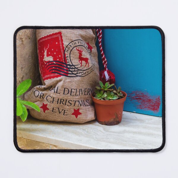 Item preview, Christmas Gift Sack and Potted Succulent At A Blue Doorstep With Rustic Burlap Bag designed and sold by Nmallia.