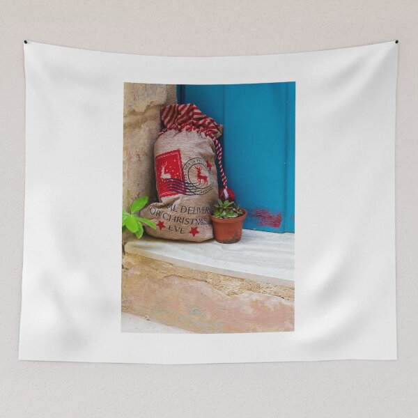 Item preview, Christmas Gift Sack and Potted Succulent At A Blue Doorstep With Rustic Burlap Bag designed and sold by Nmallia.