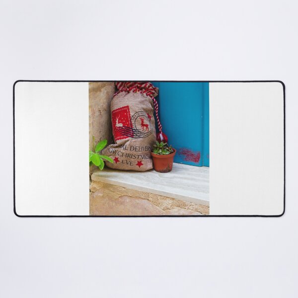 Item preview, Christmas Gift Sack and Potted Succulent At A Blue Doorstep With Rustic Burlap Bag designed and sold by Nmallia.