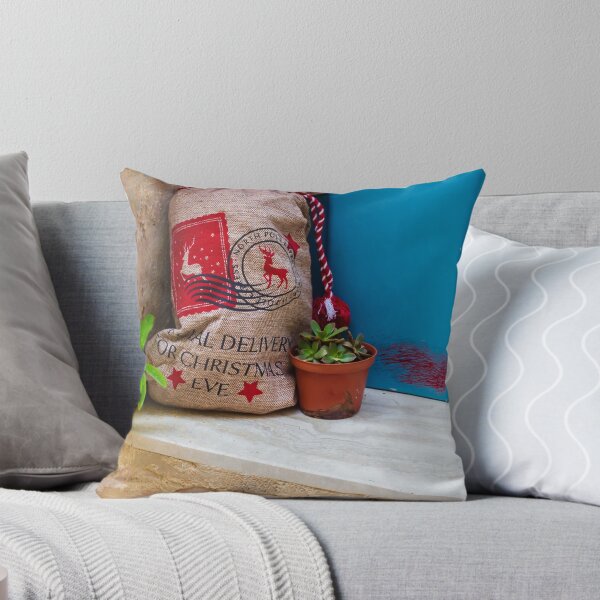 Item preview, Christmas Gift Sack and Potted Succulent At A Blue Doorstep With Rustic Burlap Bag designed and sold by Nmallia.