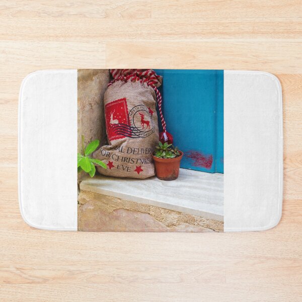 Item preview, Christmas Gift Sack and Potted Succulent At A Blue Doorstep With Rustic Burlap Bag designed and sold by Nmallia.