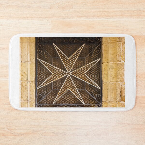 Item preview, Ornate Wrought Iron Eight-Pointed Star Window Grille Set in Weathered Stone Wall Architectural Detail designed and sold by Nmallia.
