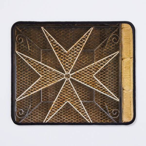 Item preview, Ornate Wrought Iron Eight-Pointed Star Window Grille Set in Weathered Stone Wall Architectural Detail designed and sold by Nmallia.