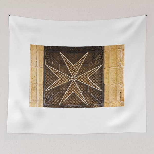 Item preview, Ornate Wrought Iron Eight-Pointed Star Window Grille Set in Weathered Stone Wall Architectural Detail designed and sold by Nmallia.