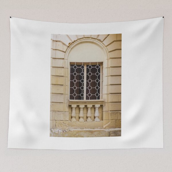 Item preview, Arched Vintage Window With Decorative Iron Grille and Stone Balustrade on Beige Facade designed and sold by Nmallia.