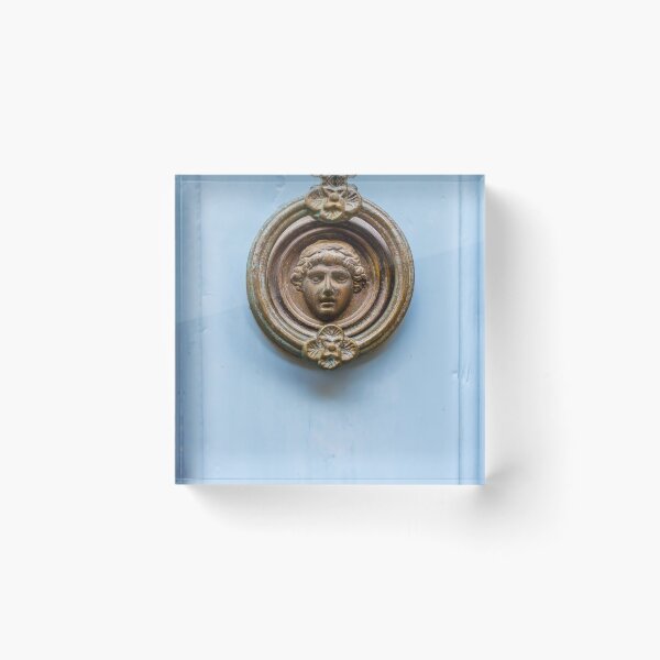 Item preview, Antique Brass Door Knocker With Classical Face On Pale Blue Wooden Door designed and sold by Nmallia.