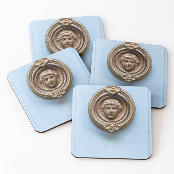 Item preview, Antique Brass Door Knocker With Classical Face On Pale Blue Wooden Door designed and sold by Nmallia.