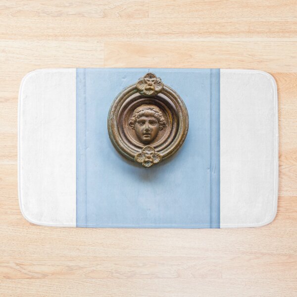 Item preview, Antique Brass Door Knocker With Classical Face On Pale Blue Wooden Door designed and sold by Nmallia.
