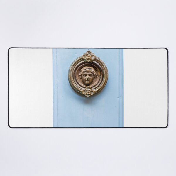 Item preview, Antique Brass Door Knocker With Classical Face On Pale Blue Wooden Door designed and sold by Nmallia.