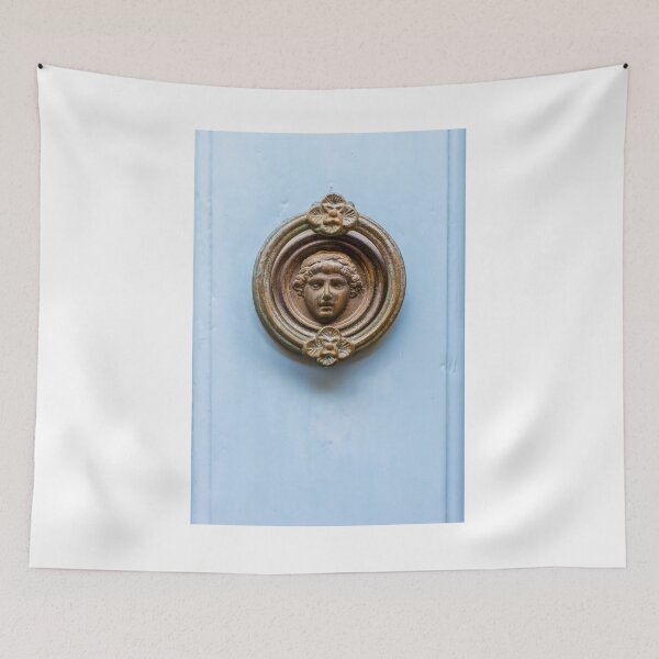 Item preview, Antique Brass Door Knocker With Classical Face On Pale Blue Wooden Door designed and sold by Nmallia.