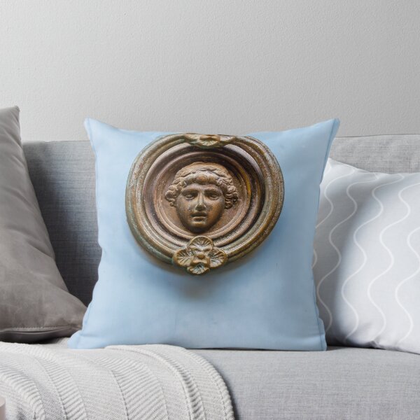 Item preview, Antique Brass Door Knocker With Classical Face On Pale Blue Wooden Door designed and sold by Nmallia.