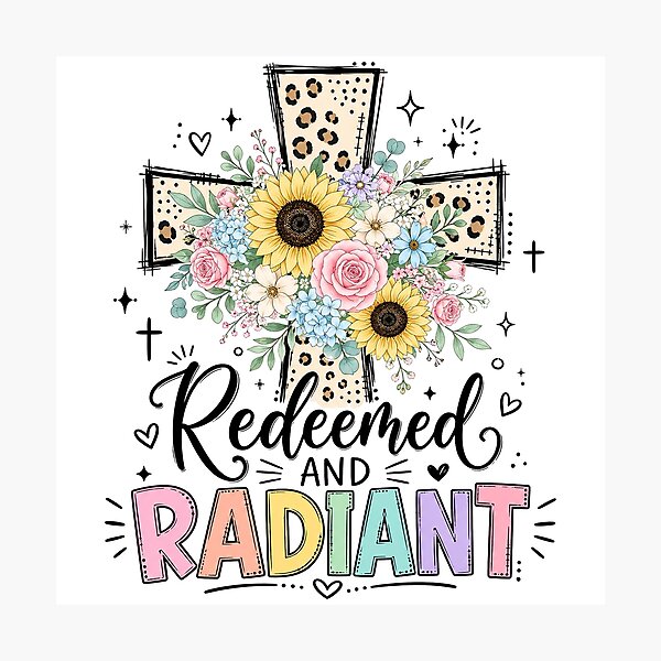 Item preview, Christian Inspirational Quote, Redeemed And Radiant Floral Cross Christian Faith designed and sold by graphic-genie.
