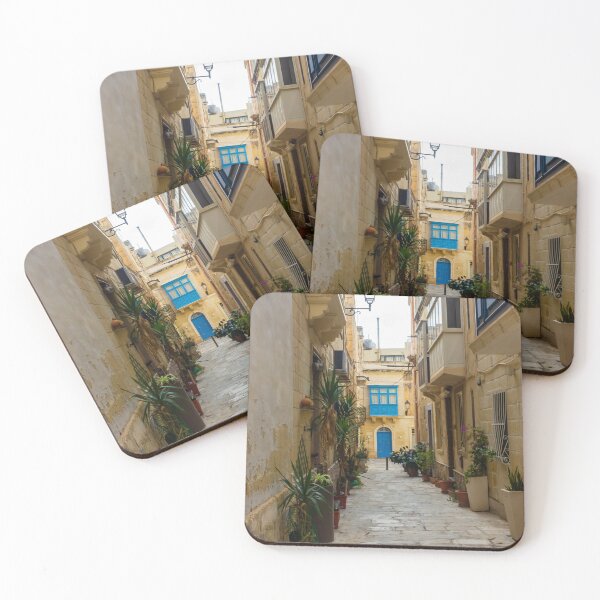 Item preview, Sunlit Narrow Mediterranean Alley With Blue Door, Stone Pavement, Potted Plants And Traditional Balconies designed and sold by Nmallia.
