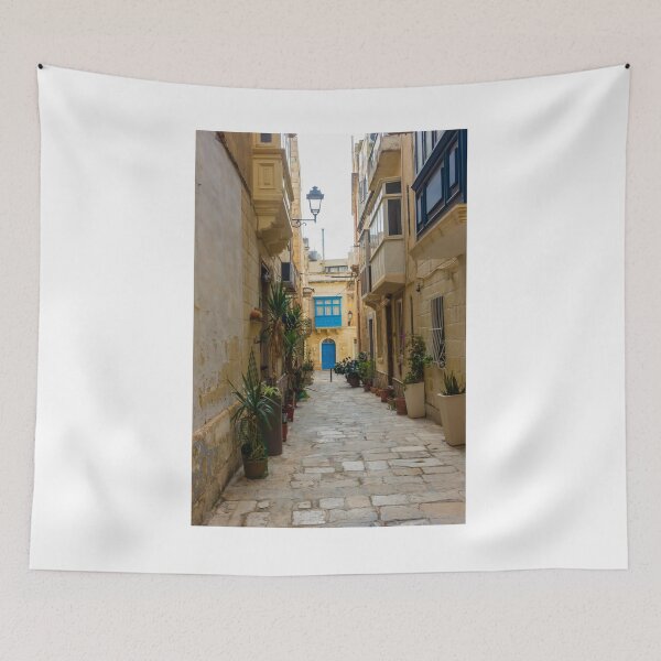 Item preview, Sunlit Narrow Mediterranean Alley With Blue Door, Stone Pavement, Potted Plants And Traditional Balconies designed and sold by Nmallia.