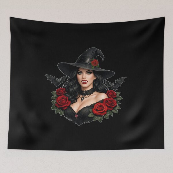 Item preview, Gothic Vampire Witch with Red Roses and Bats Art designed and sold by DeliaDesignsCo.
