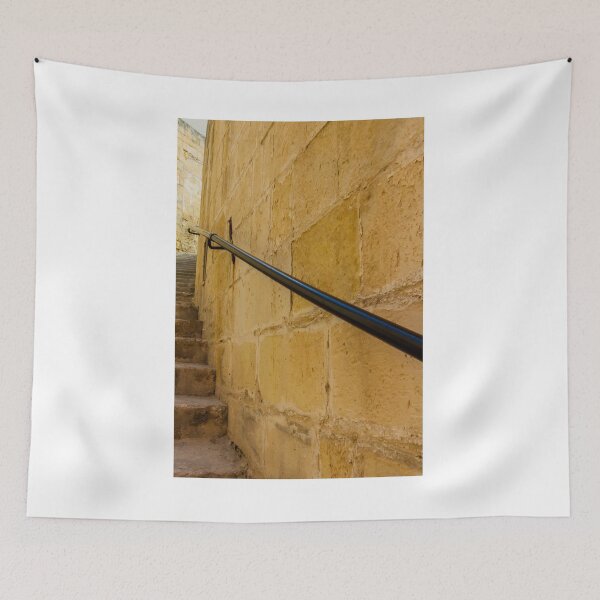 Item preview, Stone Staircase and Black Handrail Along Narrow Ancient Alleyway With Textured Sandstone Walls designed and sold by Nmallia.