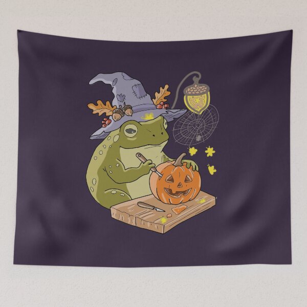 Item preview, Frog Carving Pumpkin Witch Halloween Cottagecore designed and sold by LeshanArt.