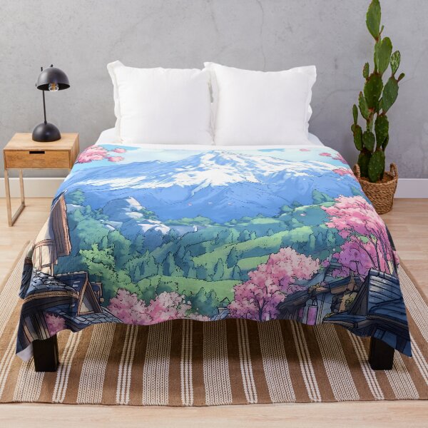 Item preview, Japanese Landscape Cherry Blossom Village Street Snowy Mountain Spring designed and sold by earlobejerk.