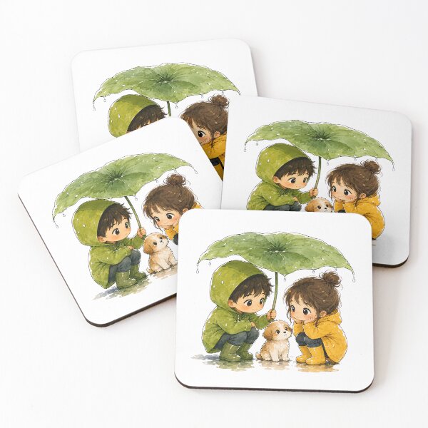 Item preview, Cute Kids with Puppy Under Leaf Umbrella in Rain designed and sold by Jaideep Walia.