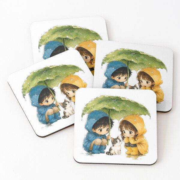 Item preview, Cute Kids with Kitten Under Leaf Umbrella in Rain designed and sold by Jaideep Walia.