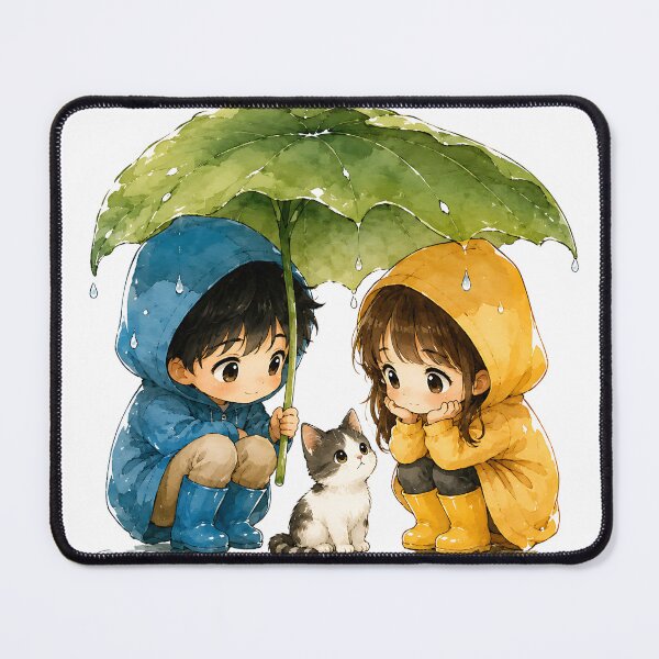 Item preview, Cute Kids with Kitten Under Leaf Umbrella in Rain designed and sold by Jaideep Walia.