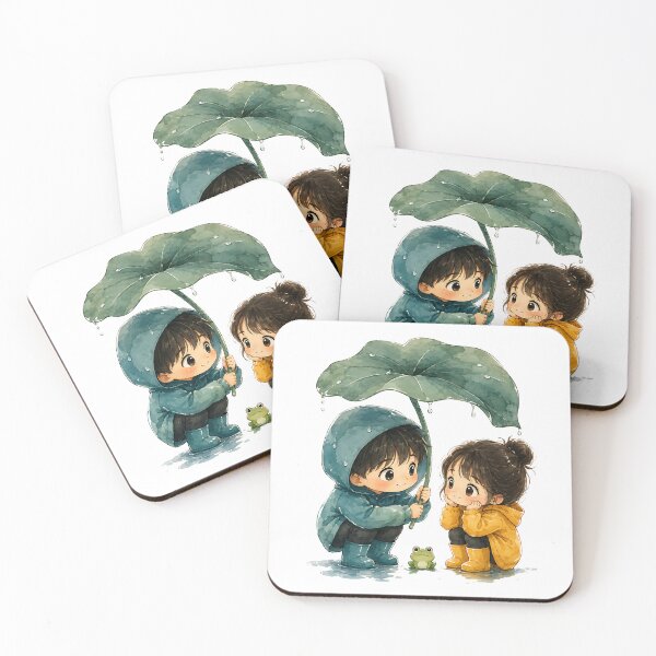 Item preview, Cute Kids with Frog Under Leaf Umbrella in Rain designed and sold by Jaideep Walia.