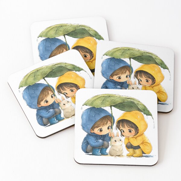 Item preview, Cute Kids with Bunny Under Leaf Umbrella in Rain designed and sold by Jaideep Walia.
