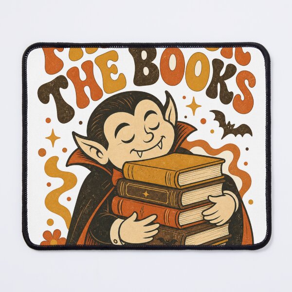 Item preview, Fangs for the Books Retro Vampire hugs stack of books designed and sold by BoosterShop.