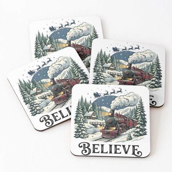 Item preview, Vintage Christmas Train Believe Retro Holiday Season Winter Wonderland Steam Locomotive Art designed and sold by raedattia.