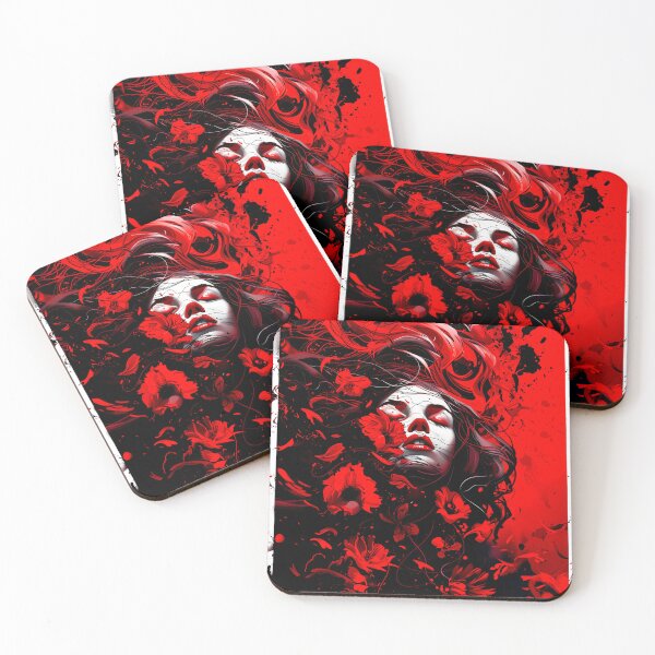 Item preview, red black floral portrait digital artwork  designed and sold by dejco.art.