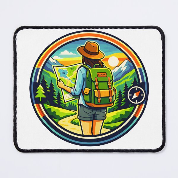 Item preview, Vibrant Outdoor Adventure Badge – Female Traveler Hiking Design designed and sold by GabeMountainArt.