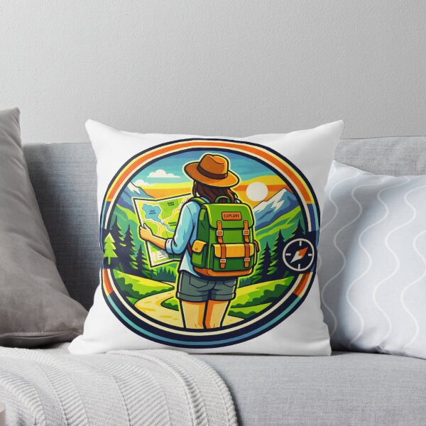 Item preview, Vibrant Outdoor Adventure Badge – Female Traveler Hiking Design designed and sold by GabeMountainArt.