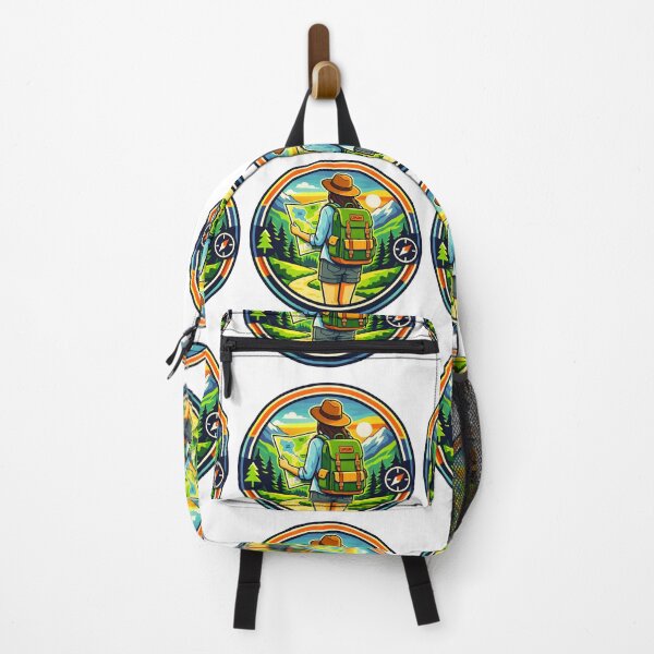 Item preview, Vibrant Outdoor Adventure Badge – Female Traveler Hiking Design designed and sold by GabeMountainArt.