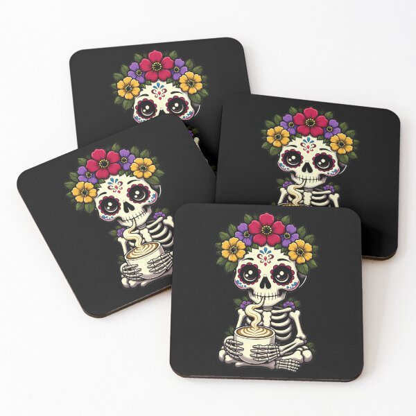 Item preview, Sugar Skull Skeleton Holding Latte Cup designed and sold by Linework Studio.