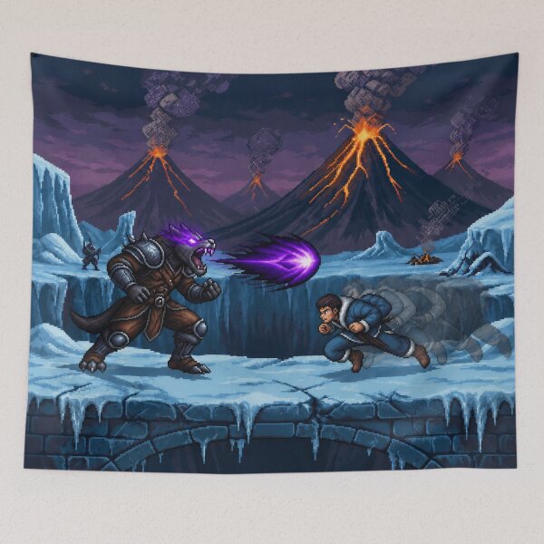 Item preview, Werewolf vs Martial Artist | Snow Volcano | Faux Retro Fighting Game Screenshot | Pixel Art designed and sold by GRAIL-PIXXAILL.