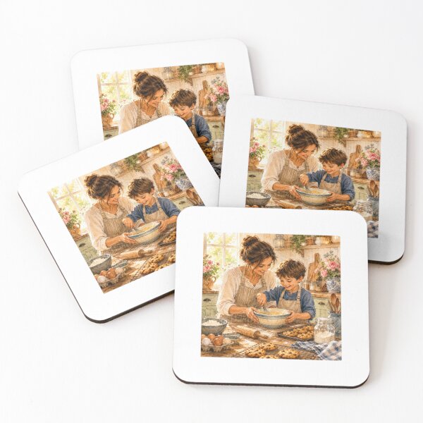 Item preview, Mother and Son Baking Together – Heartwarming Family Kitchen Watercolor designed and sold by NestDesigns01.