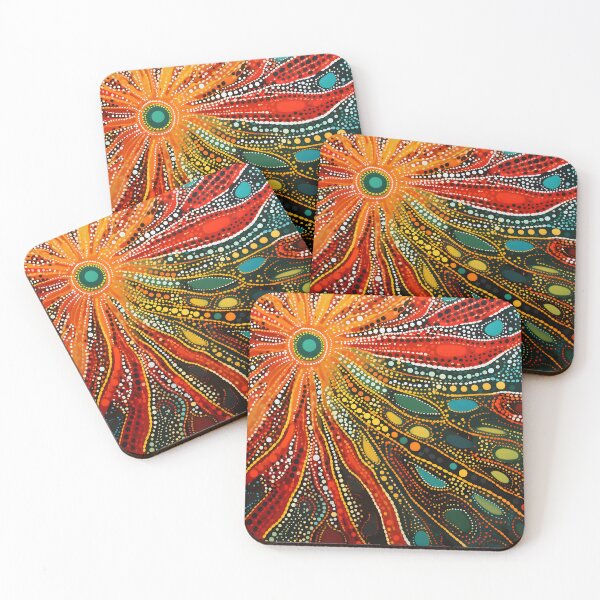 Item preview, Vibrant Sunburst Aboriginal Pointillism Crimson Emerald Dot Art designed and sold by GrinGalore.