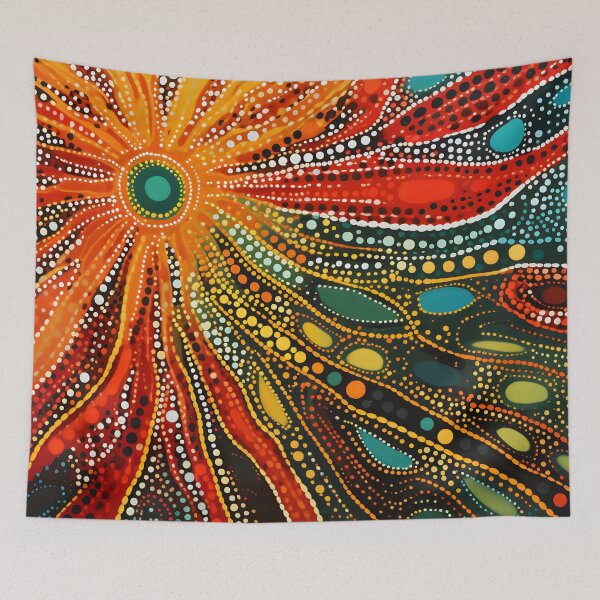 Item preview, Vibrant Sunburst Aboriginal Pointillism Crimson Emerald Dot Art designed and sold by GrinGalore.