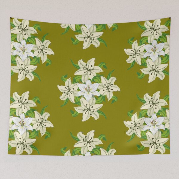 Item preview, Vintage Olive Green White Lily Botanical Floral Pattern designed and sold by ​Jyoti Digital Artist.