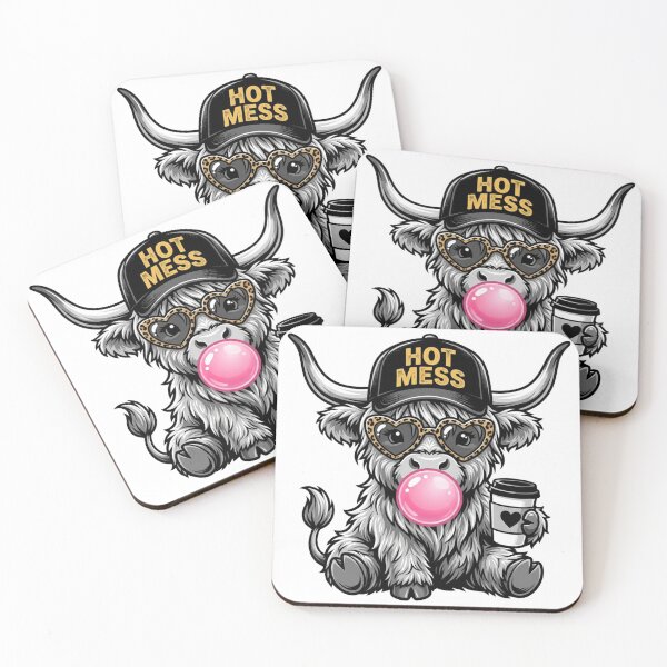 Item preview, Cute Hot Mess Highland Cow Bubblegum Coffee Leopard Sunglasses Retro Funny Animal Design designed and sold by raedattia.