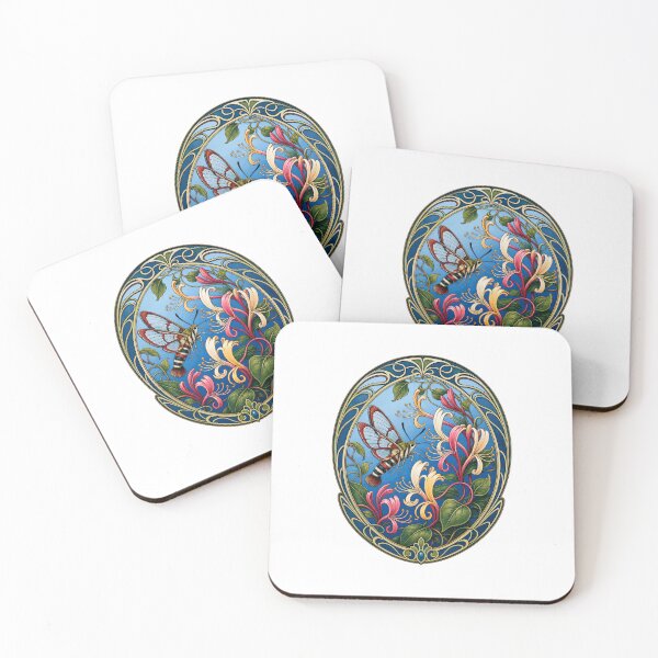 Item preview, Art Nouveau Hummingbird Moth with Honeysuckle Flowers designed and sold by AntiqueImages.