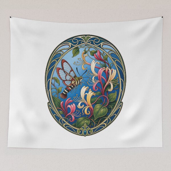 Item preview, Art Nouveau Hummingbird Moth with Honeysuckle Flowers designed and sold by AntiqueImages.
