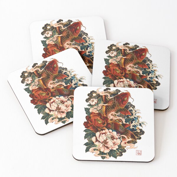 Item preview, Crimson Koi Fish Art – Japanese Peony Floral Ukiyo-e Style Illustration designed and sold by kaxymax.